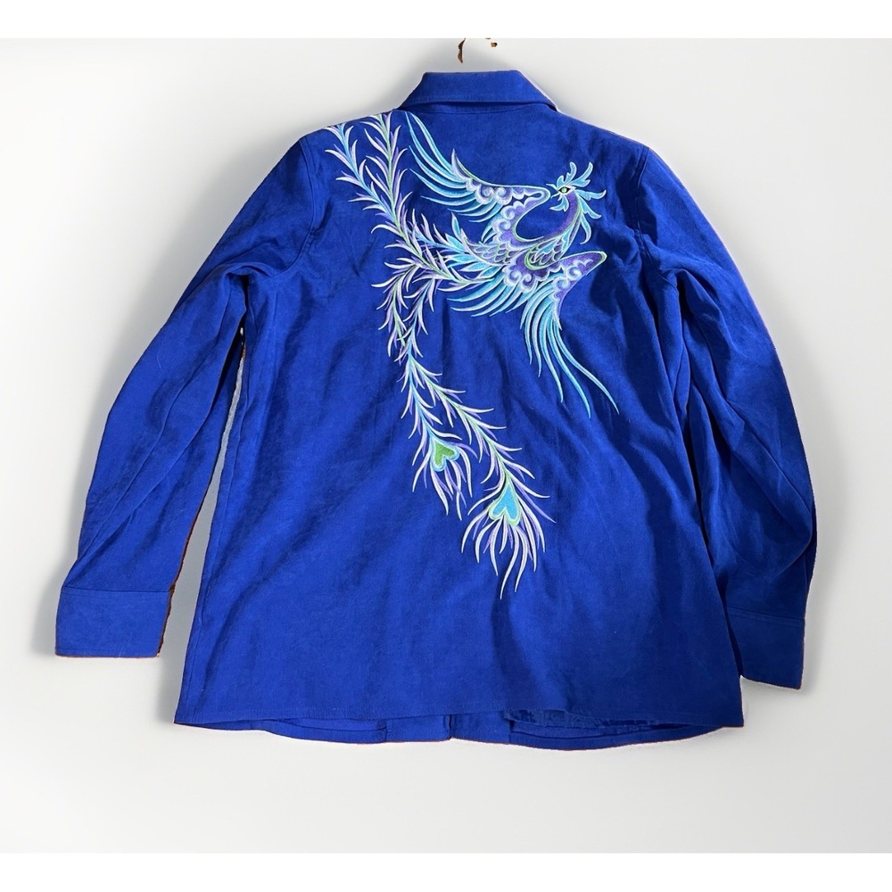 Bob Mackie Vtg Phoenix Wearable Art embroider zip jacket Blue faux suede Peacock